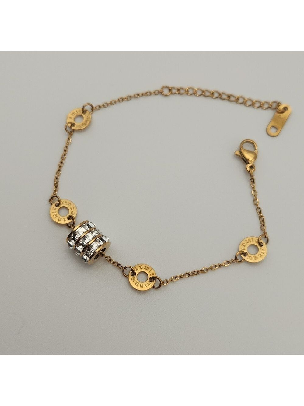 Gold Tone Roman Numeral Chain Bracelet | Zircon Accent Detail | Elegant Minimal - Picture 3 of 7